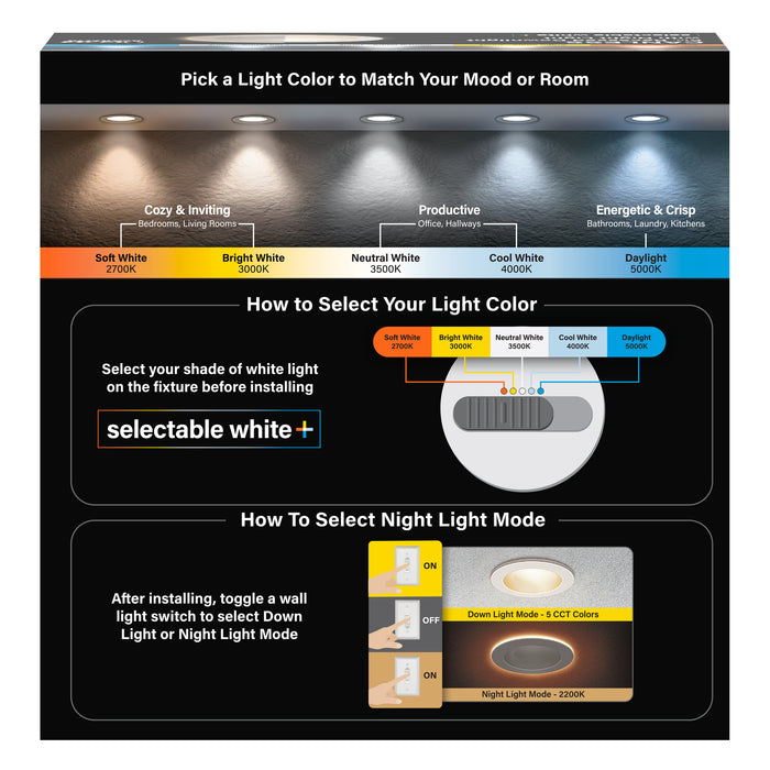 Feit Electric 6 Inch Tethered J-Box CCT Selectable 2700K/3000K/3500K/4000K/5000K High Output LED Downlight With Night Light Mode (LEDR6XT/HO/NL/5CCTCA)