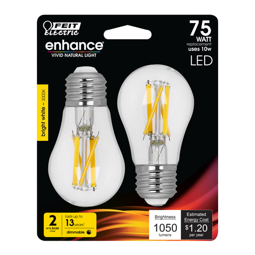 Feit Electric 10W [75W Equivalent] Bright White 3000K E26 Base A15 Dimmable Enhance Filament LED Bulb 2-Pack (BPA1575930CAFIL/2/RP)