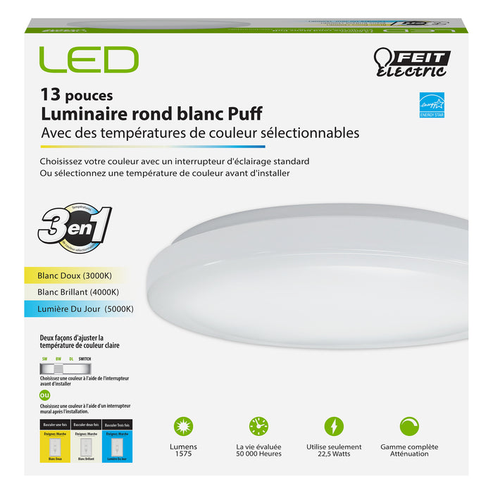 Feit Electric 13 Inch 3-In-1 White CCT Selectable 3000K/4000K/5000K Round Puff LED Ceiling Fixture (PF13/RND/4WY/WH)