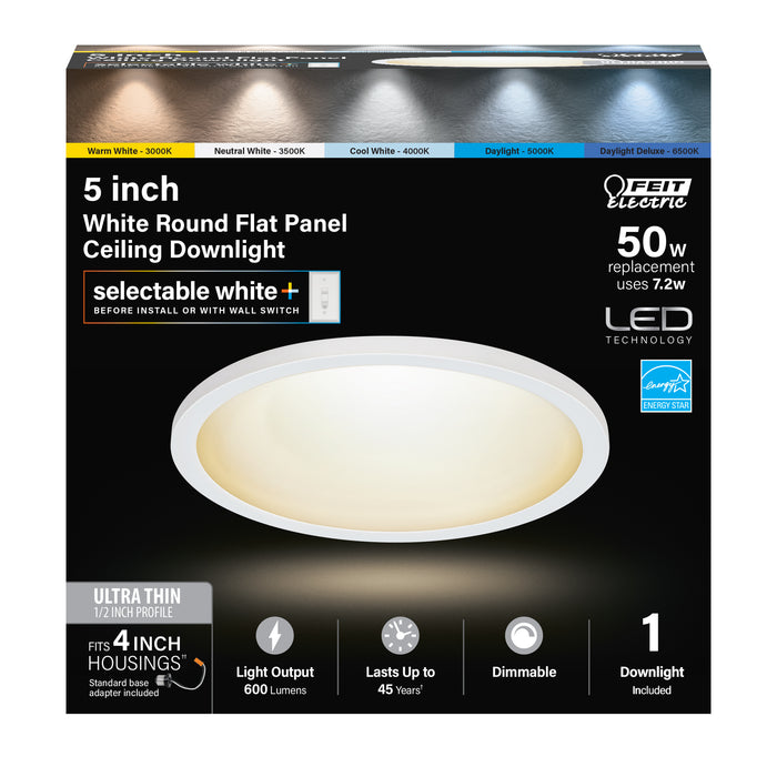 Feit Electric 5 Inch Round 7.2W [50W Equivalent] CCT Selectable 3000K/3500K/4000K/5000K/6500K White Dimmable LED Flat Panel Ceiling Downlight White (74202/6WYCA)