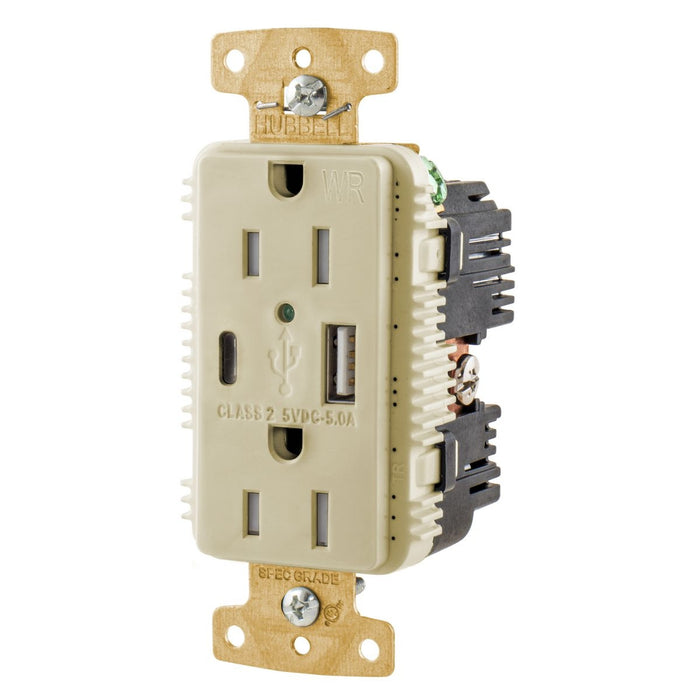 Bryant Duplex Receptacle 15A 125V And Type A And C USB Port 5A 5V Tamper Resistant-Weather Resistant Ivory (USBB15AC5IWR)