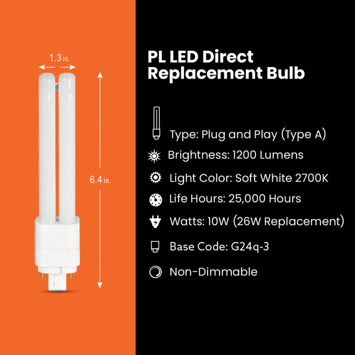 Feit Electric 10W [26W Equivalent] Soft White 2700K G24Q-3 4-Pin Direct Replacement Type A PL Replacement LED Bulb (BPPLD26E827LEDG2HDRP)