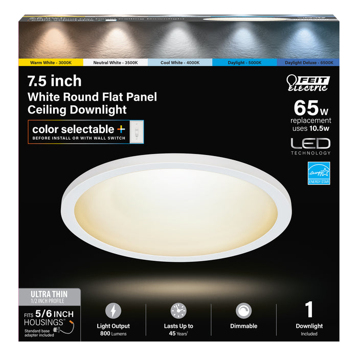 Feit Electric 7.5 Inch 10.5W [65W Equivalent] CCT Selectable 3000K/3500K/4000K/5000K/6500K White Round Flat Panel Ceiling Downlight (74206/6WYCA)