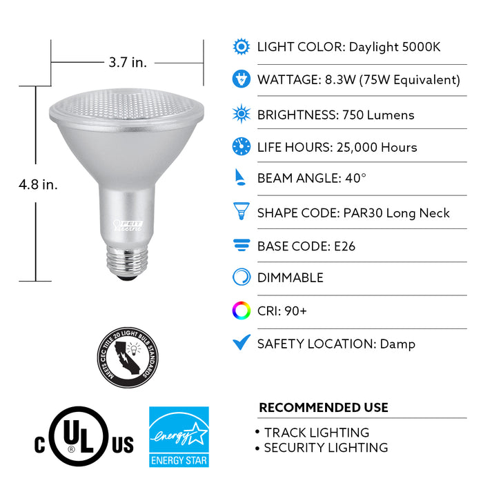 Feit Electric 8.3W [75W Equivalent] Daylight 5000K E26 Base PAR30 Dimmable Enhance Reflector LED Bulb 2-Pack (PAR30LDM/950CA/2)