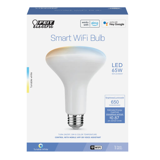 Feit Electric 7.2W [65W Equivalent] Tunable White CCT Selectable 2700K-6500K E26 Base BR30 Smart Wi-Fi Light Bulb (BR30/CCT/CA/AG)