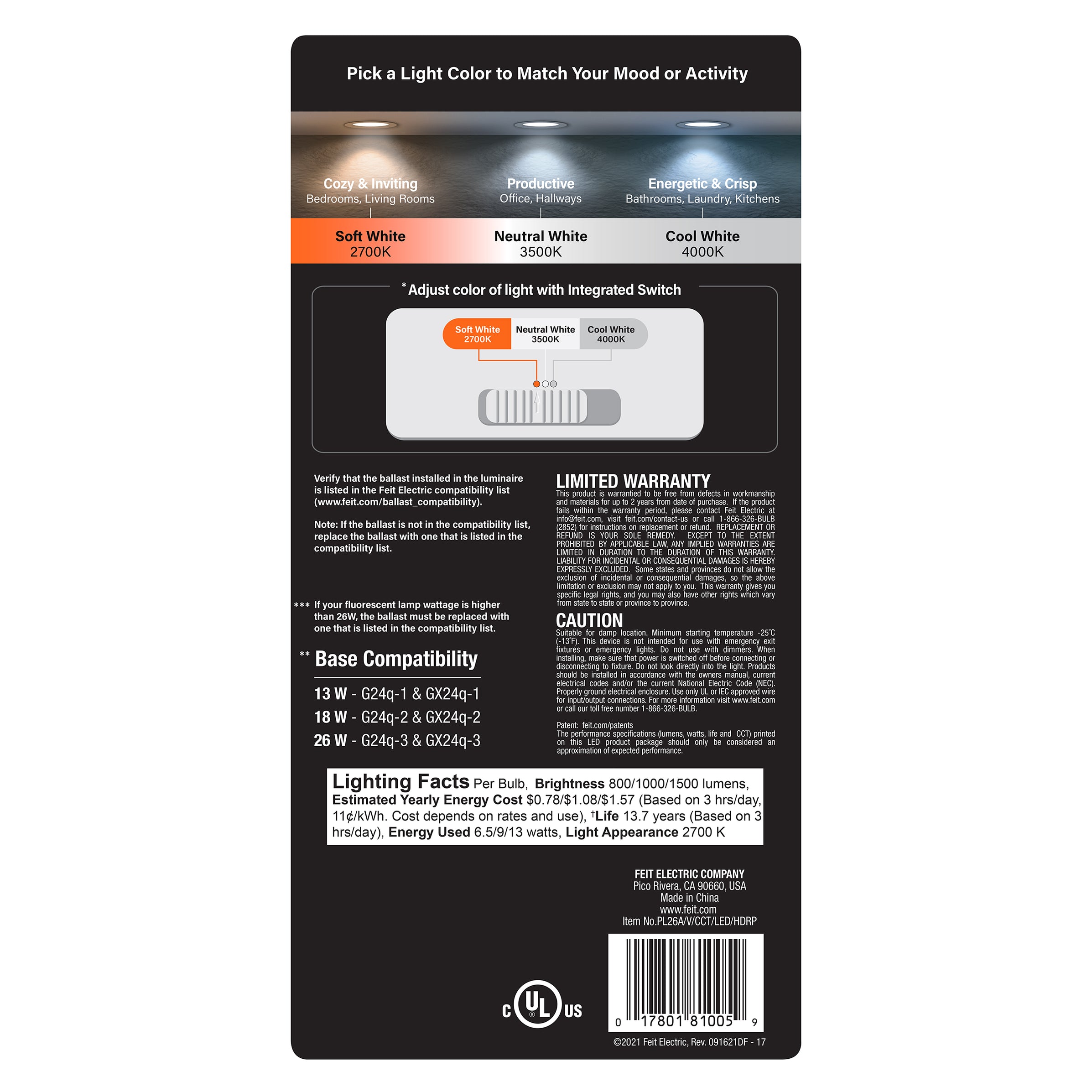 Pl Led Feit Electric PL26A/V/CCT/LED/HDRP 4-Pin Base Vertical PL LED Bulb ...