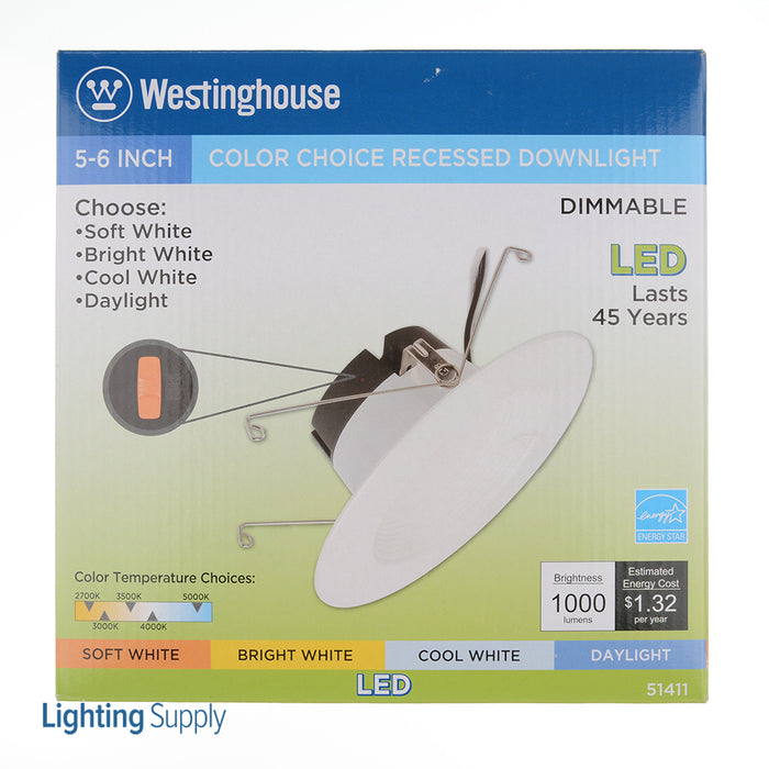 Westinghouse 11W Recessed LED Downlight With Color Temperature Selection 5-6 Inch Dimmable 2700K 3000K 3500K/4000K/5000K E26 Base 120V (5141100)