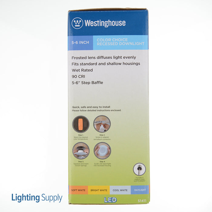Westinghouse 11W Recessed LED Downlight With Color Temperature Selection 5-6 Inch Dimmable 2700K 3000K 3500K/4000K/5000K E26 Base 120V (5141100)