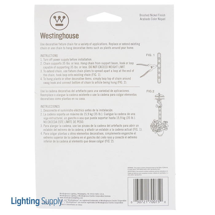 Westinghouse 3 Foot 11 Gauge Fixture Chain Brushed Nickel Finish (7007500)