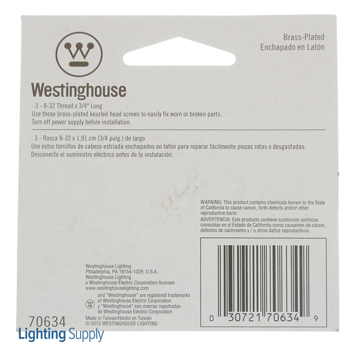 Westinghouse 3 Knurled Head Steel Screws Brass-Plated 3/4 Inch Long (7063400)