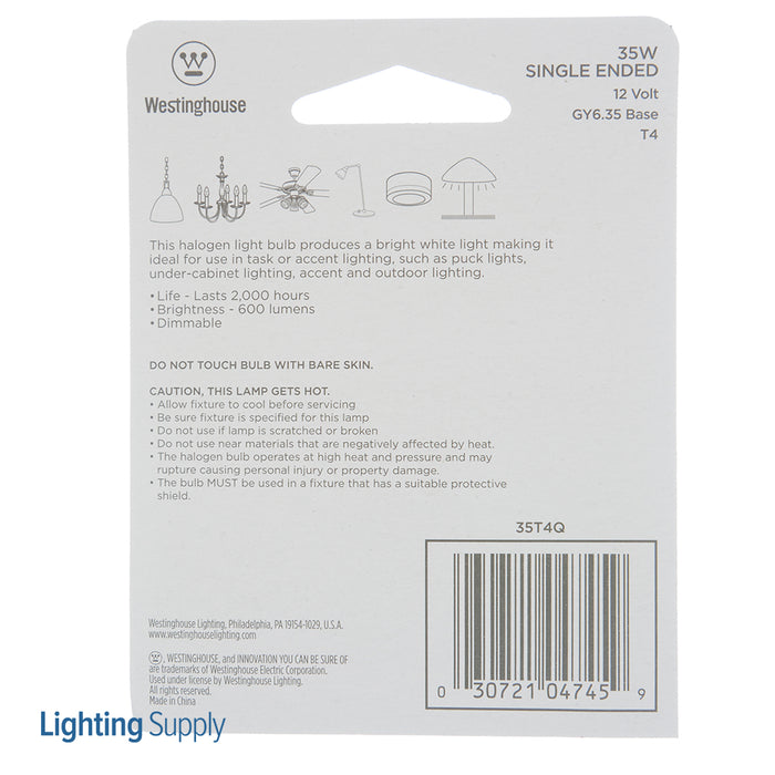 Westinghouse 35W T4 JC Halogen Low Voltage Clear GY6.35 Base 12V Card (0474500)