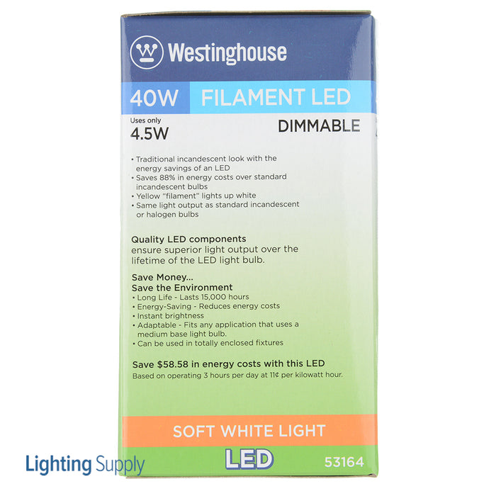 Westinghouse 4.5W A19 Filament LED Dimmable Clear 2700K E26 Medium Base 120V (5316400)