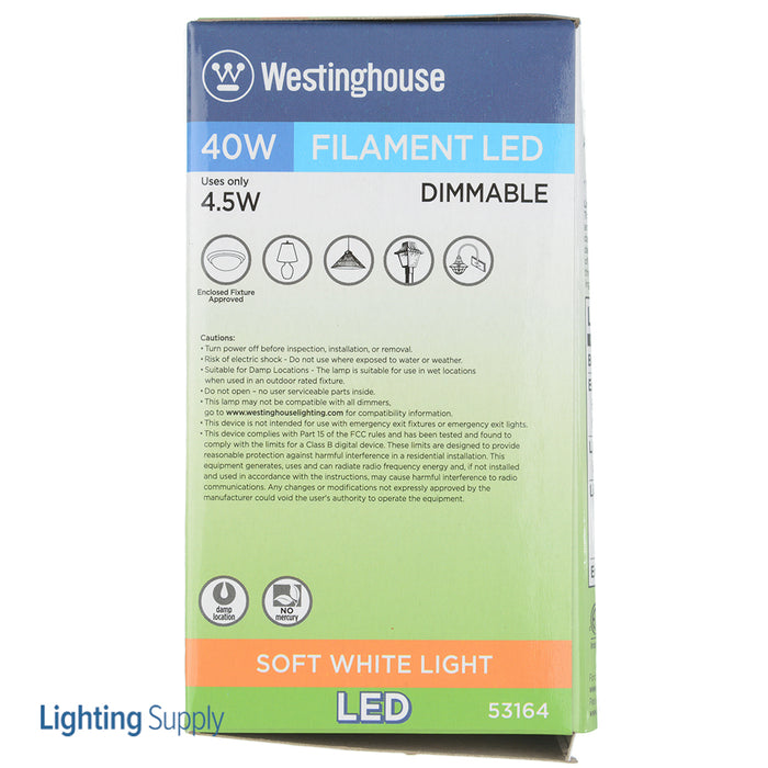 Westinghouse 4.5W A19 Filament LED Dimmable Clear 2700K E26 Medium Base 120V (5316400)