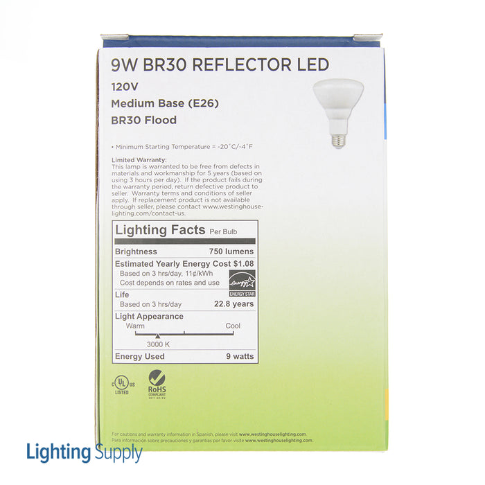 Westinghouse 9W BR30 Flood Dimmable LED Light Bulb 3000K Warm White E26 Base 120V Box (5221000)
