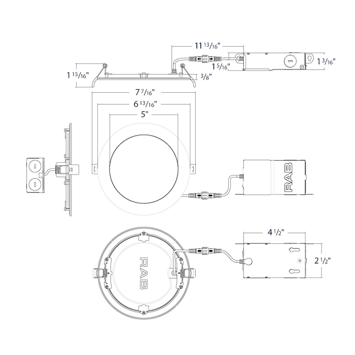 RAB 6 Inch Edge-Lit Wafer34 LED Recessed Downlight 13W CCT Selectable 2700K/3000K/3500K/4000K/5000K Triac Dimming White Smooth Trim (WFR34-6)
