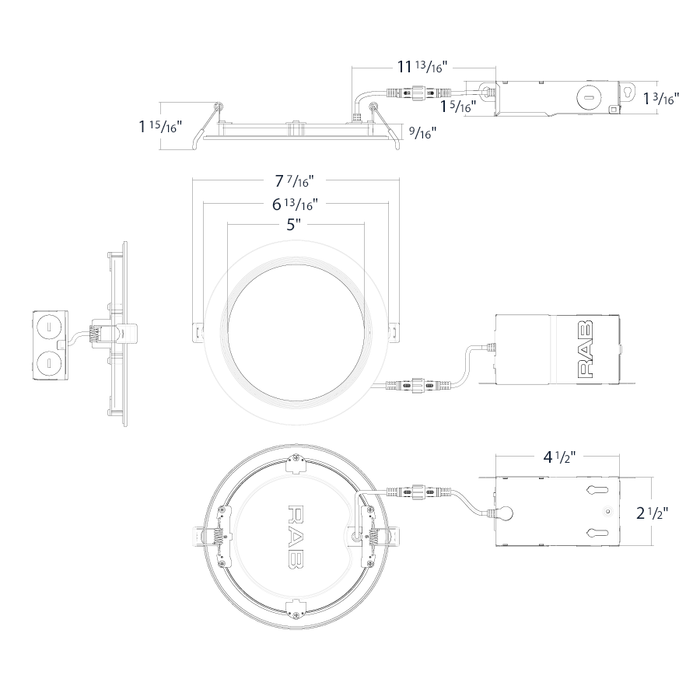 RAB 6 Inch Edge-Lit Wafer34 LED Recessed Downlight 13W CCT Selectable 2700K/3000K/3500K/4000K/5000K Triac Dimming White Baffle Trim (WFR34-6B)