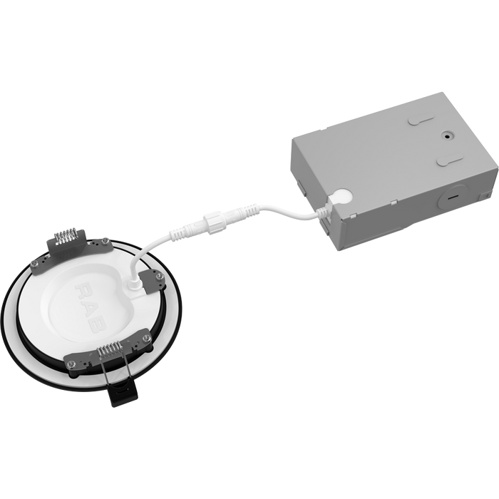 RAB 4 Inch 9W Edge-Lit Wafer Recessed Downlight Round CCT Selectable 2700K/3000K/3500K/4000K/5000K 90 CRI 120V Baffle Black Trim Triac Dimming (WFRL4R99FA120BB)