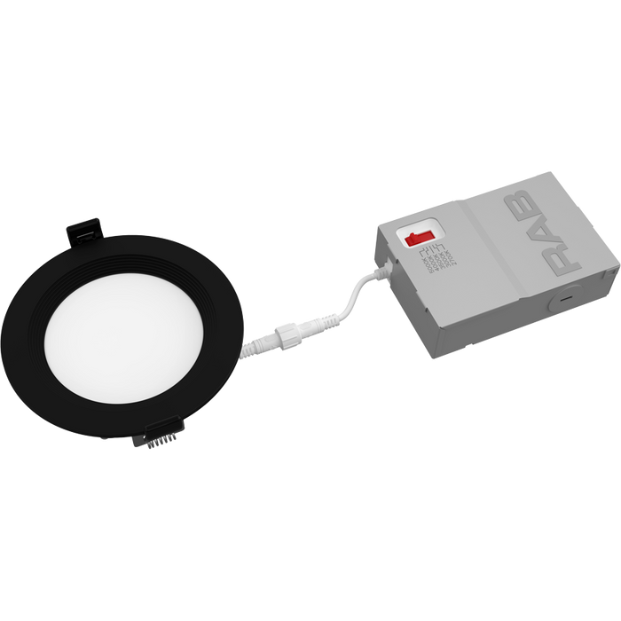 RAB 4 Inch 9W Edge-Lit Wafer Recessed Downlight Round CCT Selectable 2700K/3000K/3500K/4000K/5000K 90 CRI 120V Baffle Black Trim Triac Dimming (WFRL4R99FA120BB)