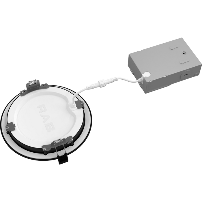 RAB 6 Inch 13W Edge-Lit Wafer Recessed Downlight Round CCT Selectable 2700K/3000K/3500K/4000K/5000K 90 CRI 120V Baffle Black Trim Triac Dimming (WFRL6R139FA120BB)