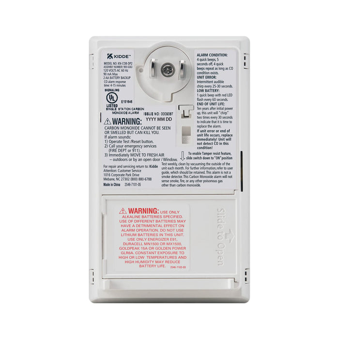 Kidde KN-COB-DP2 AC/DC Carbon Monoxide Alarm Plug-In With Battery Backup Theft-Deterrent