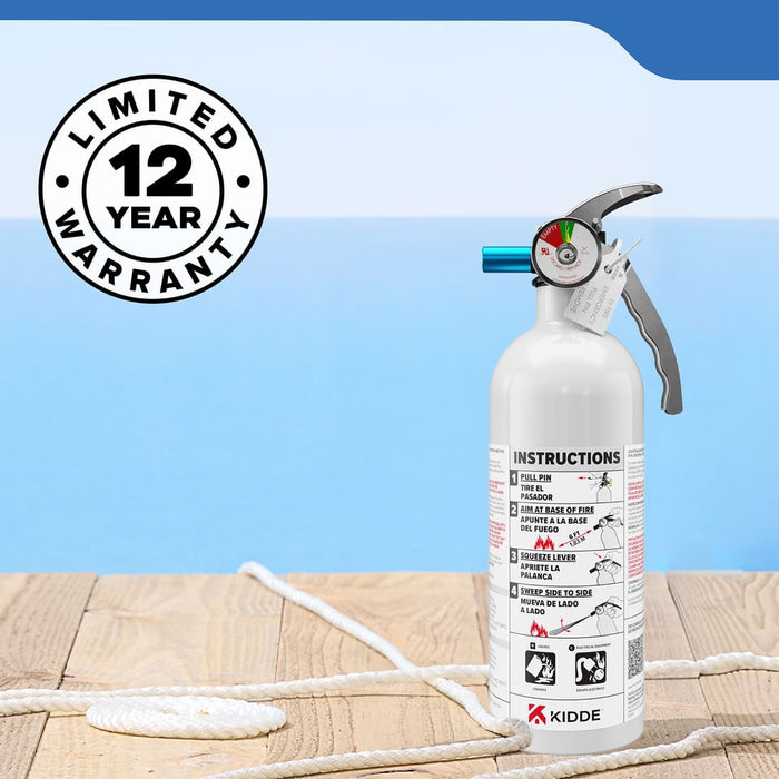 Kidde #MAR5 Mariner 5 Fire Extinguisher 5-B:C 2 Pound Nylon Strap Bracket White Disposable With Stainless Steel Handle/Lever (21030890)
