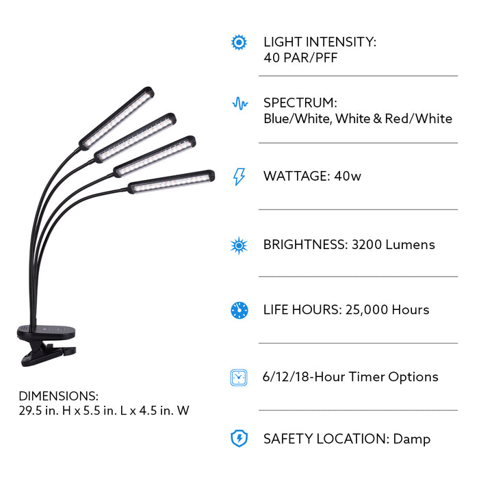 Feit Electric 40W Adjustable Spectrum Flexible Head LED Grow Light With Clamp (GLP29/B/ADJS/40W/LED)