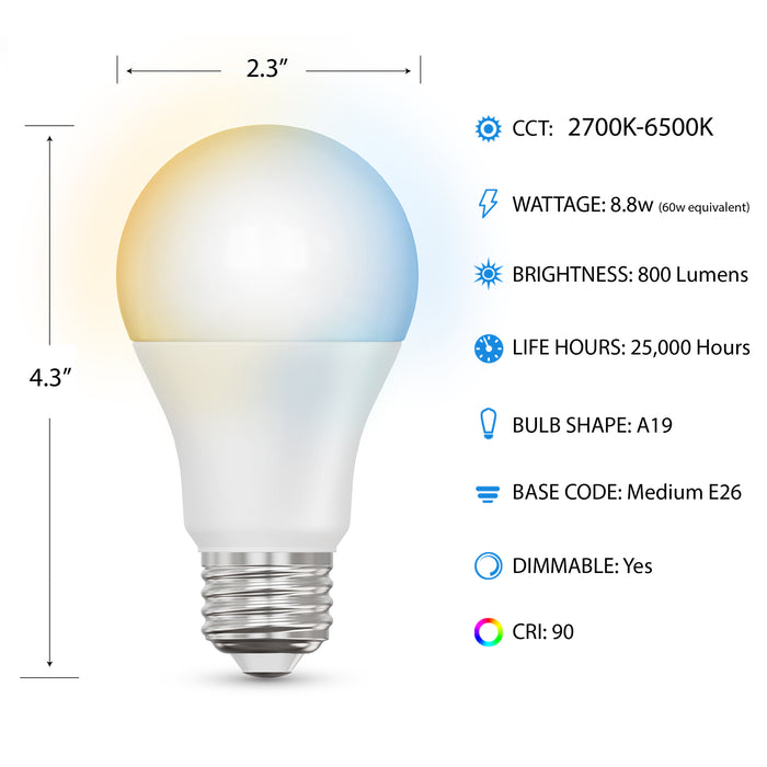 Feit Electric 8.8W [60W Equivalent] Tunable White E26 Base A19 Smart Wi-Fi LED Light Bulb (OM60/CCT/CA/AG)