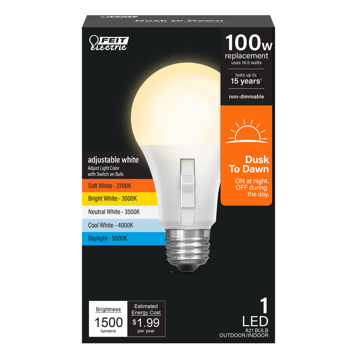 Feit Electric 16.5W [100W Equivalent] Adjustable White Dusk To Dawn LED Bulb CCT Selectable 2700K/3000K/3500K/4000K/5000K (OM100/5CCTCA/DD/LEDI)