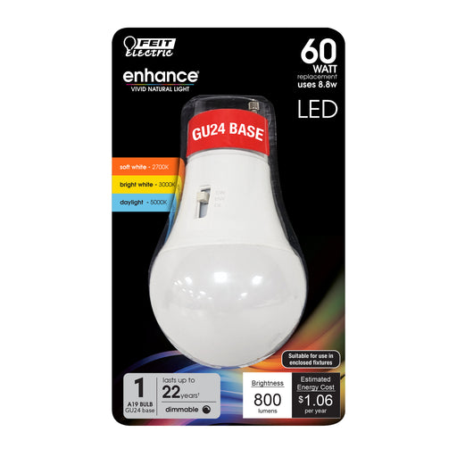 Feit Electric 8.8W [60W Equivalent] CCT Selectable 2700K/3000K/5000K A19 GU24 Base Dimmable Enhance LED Bulb (BPOM60GU24CCTCAHDRP)