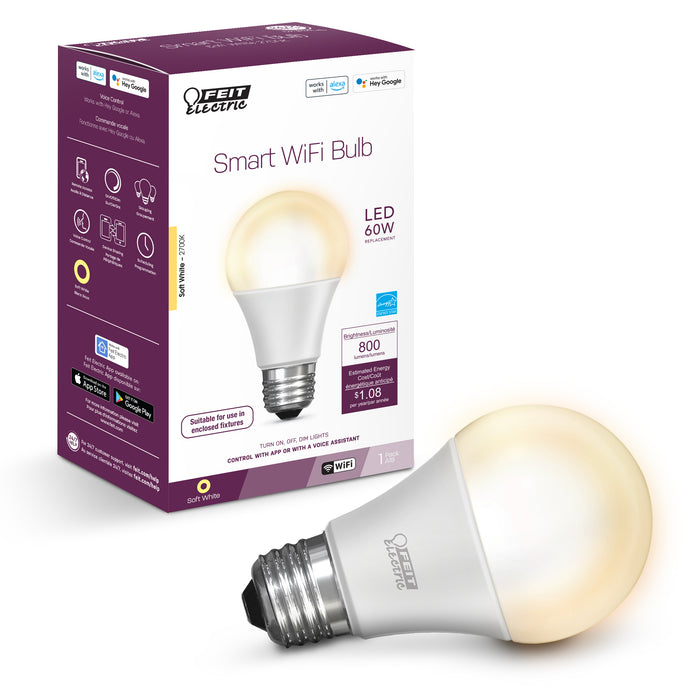 Feit Electric 9W Soft White 2700K E26 Base A19 LED Alexa Google Smart Wi-Fi Bulb (OM60/927CA/AG)