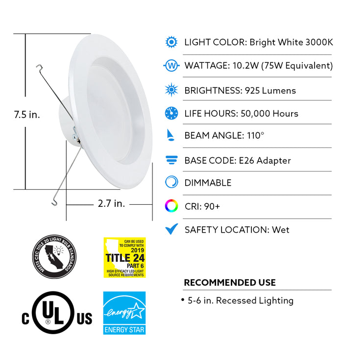 Feit Electric 5/6 Inch [75W Equivalent] Bright White 3000K Dimmable Enhance LED Recessed Downlight 6-Pack (LEDR56/930CA/6)