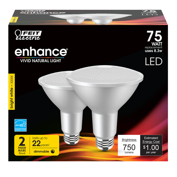 Feit Electric 8.3W [75W Equivalent] Bright White 3000K E26 Base PAR30 Dimmable Enhance Reflector LED Bulb 2-Pack (PAR30LDM/930CA/2)