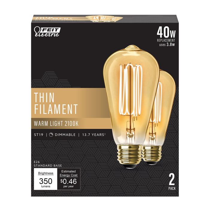 Feit Electric 3.8W [40W Equivalent] ST19 E26 Base Dimmable Exposed Thin Filament Amber Glass Vintage Edison LED Light Bulb Warm Light 2-Pack (ST1940/VG/TFIL/2)