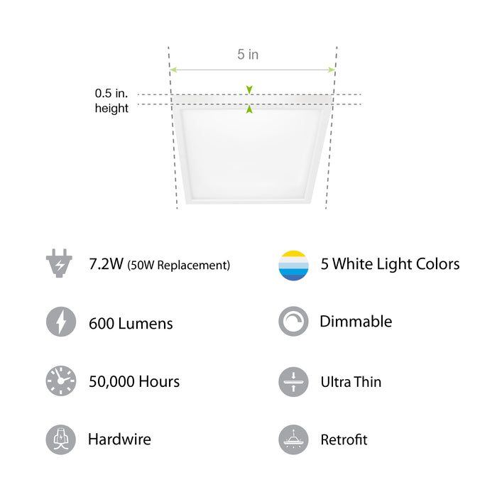 Feit Electric 5 Inch 7.2W [50W Equivalent] CCT Selectable 3000K/3500K/4000K/5000K/6500K White Square Flat Panel Ceiling Downlight (74204/6WYCA)