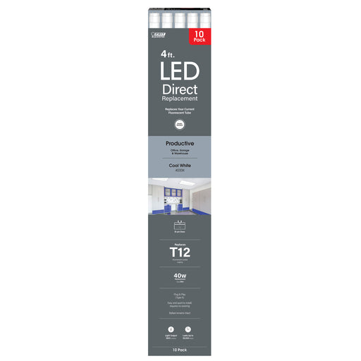 Feit Electric 4 Foot 20W [40W Equivalent] Cool White 4000K G13 Base Direct Replacement Type A T12 LED Linear Tube 10-Pack (T1248/840/LED/10)