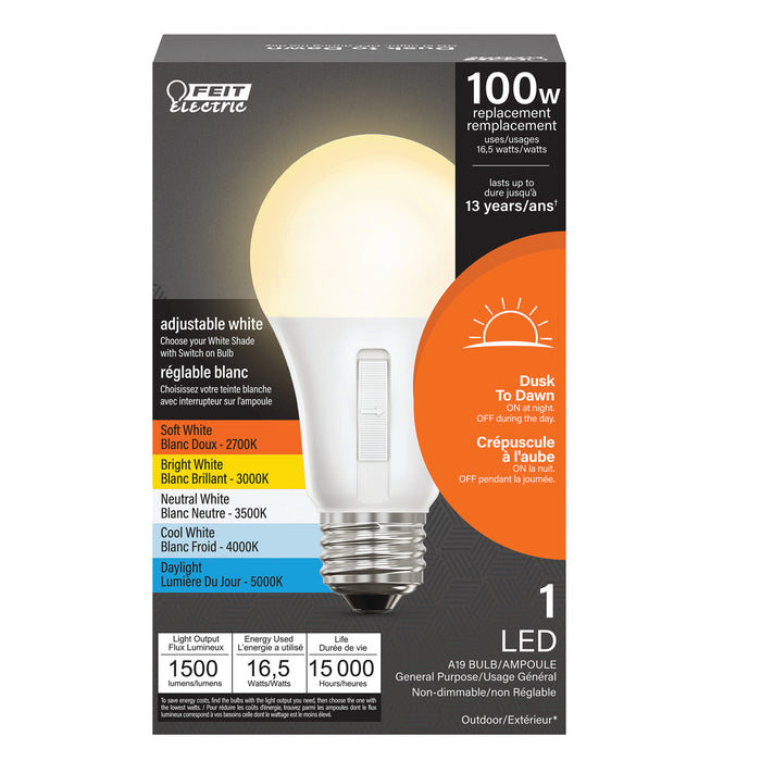 Feit Electric 16.5W [100W Equivalent] Adjustable White Dusk To Dawn LED Bulb CCT Selectable 2700K/3000K/3500K/4000K/5000K (OM100/5CCTCA/DD/LEDI)