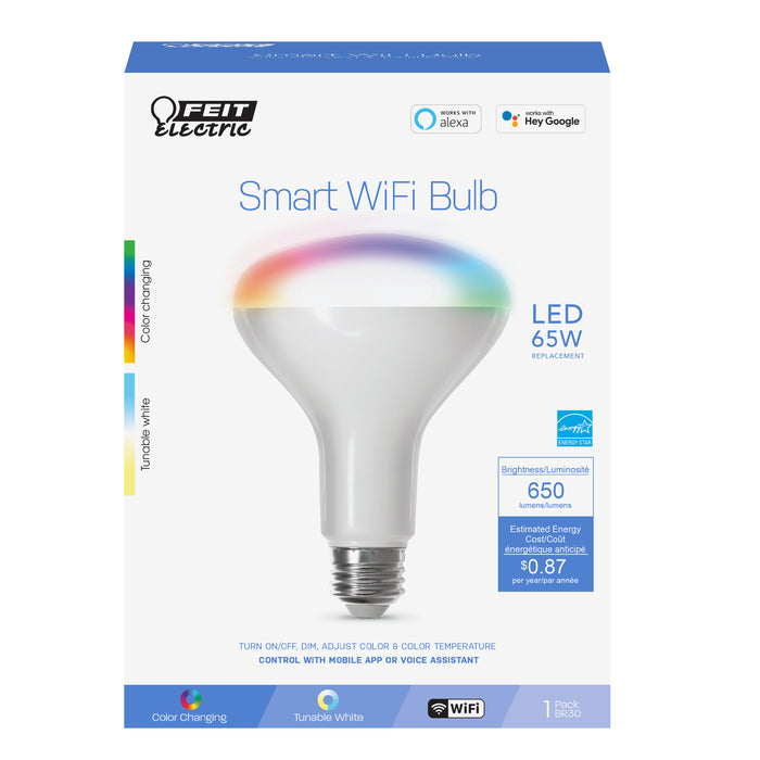 Feit Electric WiFi Changing And Dimmable BR30 Smart LED Light Bulb 65W Multi-Color RGBW No Hub Required Alexa Or Google Assistant (BR30/RGBW/CA/AG)