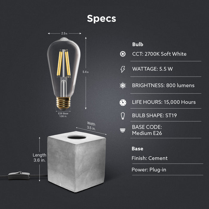 Feit Electric 3.5 Inch Cube Vintage Industrial Style Table Lamp Base With Clear ST19 Bulb 5.5W Vintage LED (CUBE1/ST19/CA)